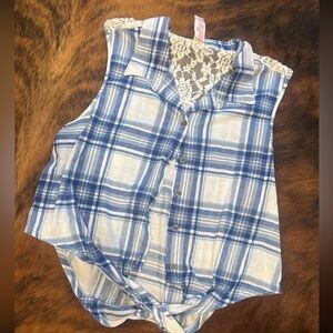 Blue Plaid Sleeveless Top with Lace Detail